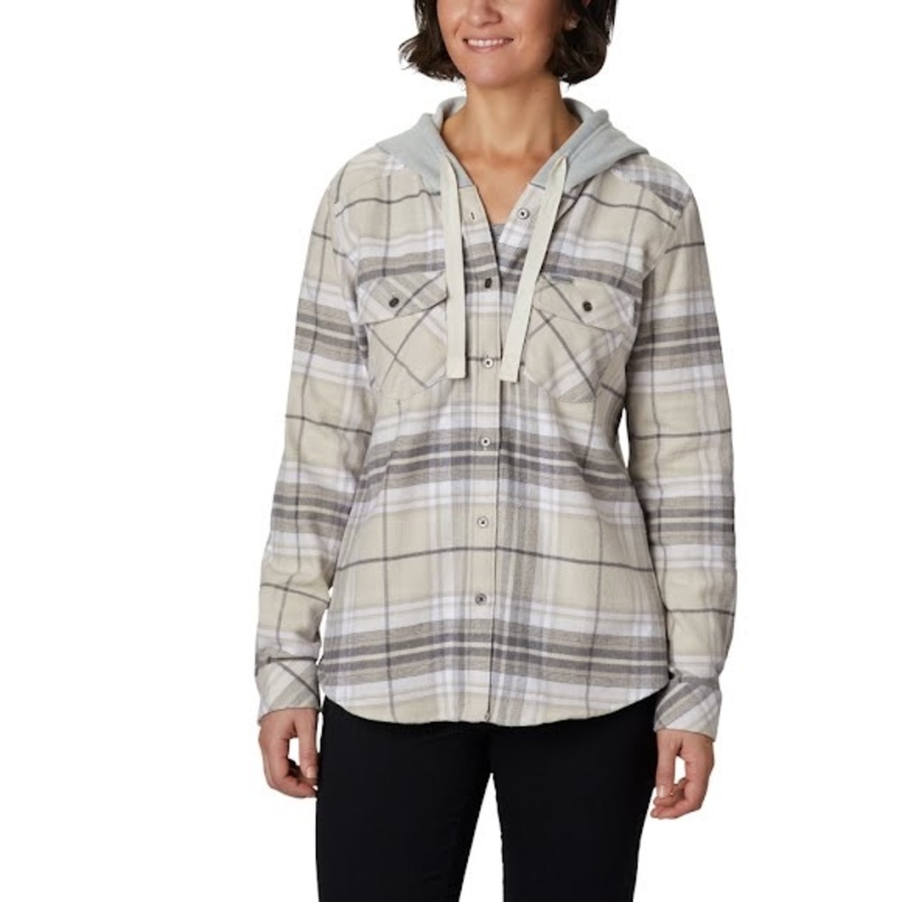 New Columbia Women's Canyon Point Cotton Flannel Hoodie Shacket Gray Beige Plaid